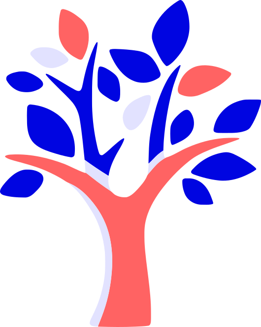 Stylized branching tree logo in blue and coral