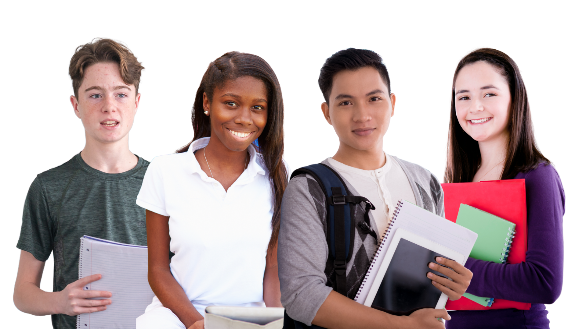 Four students holding notebooks