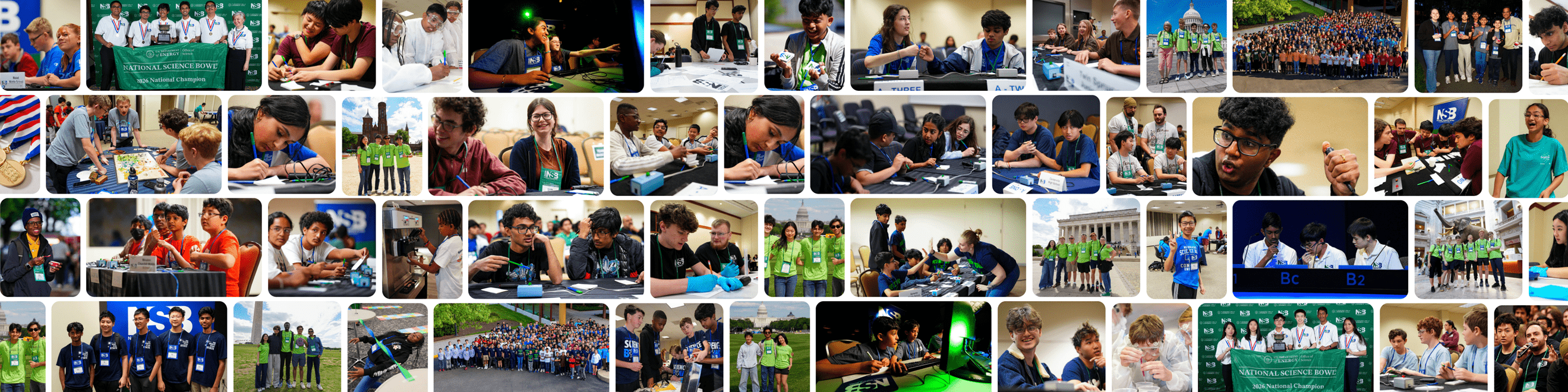 Collage of National Science Bowl students at competition tables, working on science activities, and posing in groups