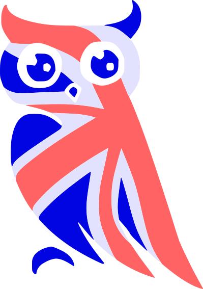 Stylised owl in red, white and blue