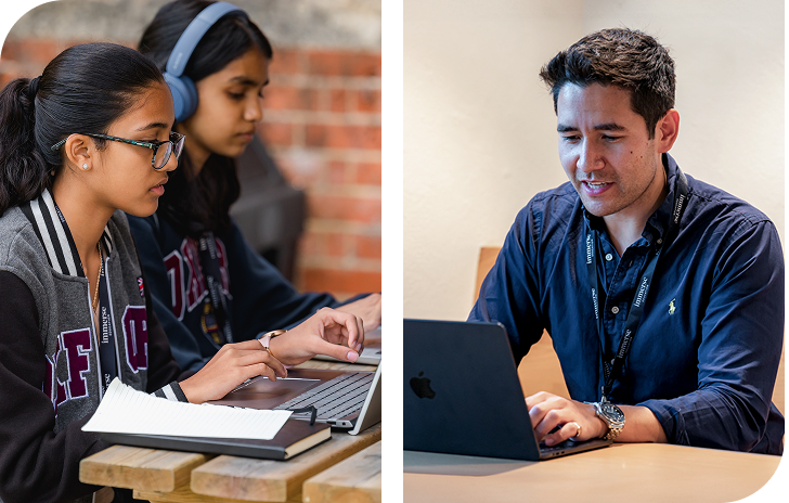 Students and an instructor working on laptops